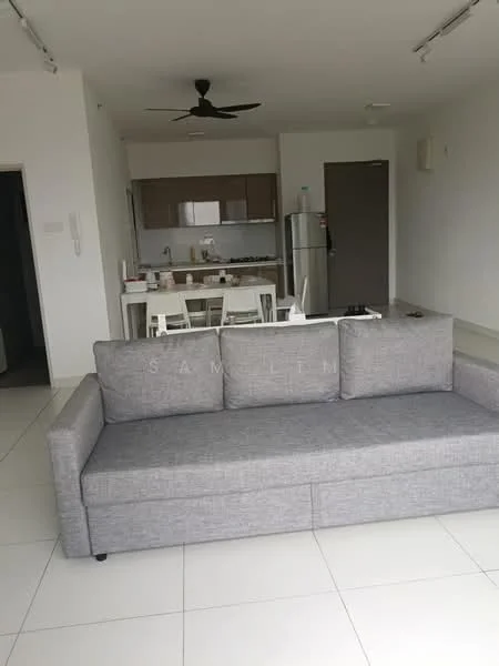 Living features: grey fabric sofa, white coffee table, white walls, tile flooring, 5-blade ceiling fan, recessed downlights, open-plan layout, floor-to-ceiling windows, decorative wall art; style: modern. Kitchen features: stainless-steel fridge, wood cabinetry, white countertop, kitchen island, dining table with chairs, built-in oven, ceramic cooktop, open shelving; style: modern.