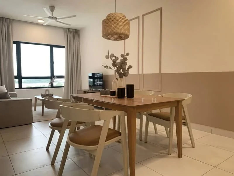 Dining features: wood dining table, 4 dining chairs with light upholstery, pendant light fixture, floor-to-ceiling window, light grey curtains, cream painted walls, beige accent wall, white tiled flooring, ceiling fan; style: modern; view: city. Living features: 3-seater fabric sofa in light grey, TV console, decorative plant, wall-mounted TV; style: modern; view: city.