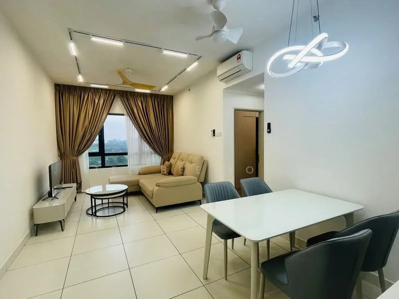 Living features: cream painted walls, white ceiling with recessed lighting, 5-blade ceiling fan, floor-to-ceiling window, curtains in brown, light-colored fabric sofa, coffee table with round top, TV console, wall-mounted TV, area rug, dining table with white top, 4 dining chairs in grey; style: modern; view: city.