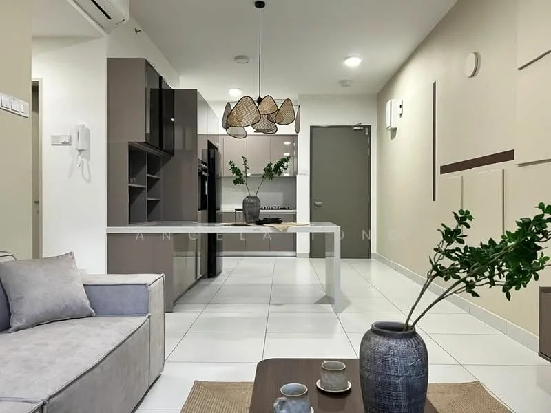Living features: grey fabric sofa, coffee table, decorative vase, area rug, wall-mounted air conditioning unit, pendant lighting, white tiled flooring, neutral painted walls; style: modern. Kitchen features: open kitchen layout, stainless-steel fridge, built-in oven, black cabinetry, white countertop, kitchen island, wall-mounted cabinets, ceramic tile backsplash; style: modern.
