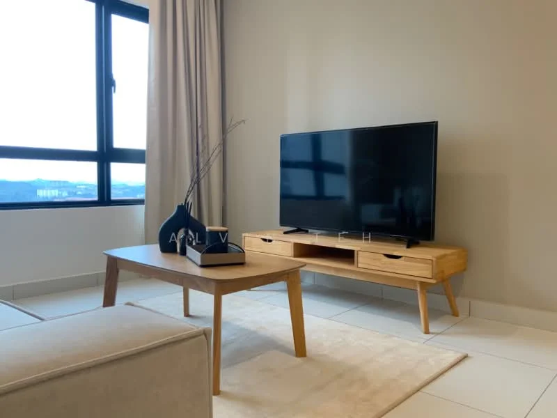 Living features: light grey sofa, wooden coffee table, TV console in light wood, flat-screen TV, floor-to-ceiling windows, curtains in neutral color, white tiled flooring, decorative vase with branches; style: modern; view: city.