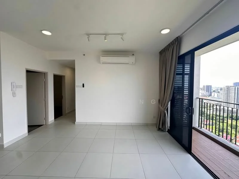 Living features: white painted walls, tile flooring, recessed downlights, 1 wall-mounted split AC, floor-to-ceiling sliding glass door, curtains, balcony access, city view; style: modern; view: city.