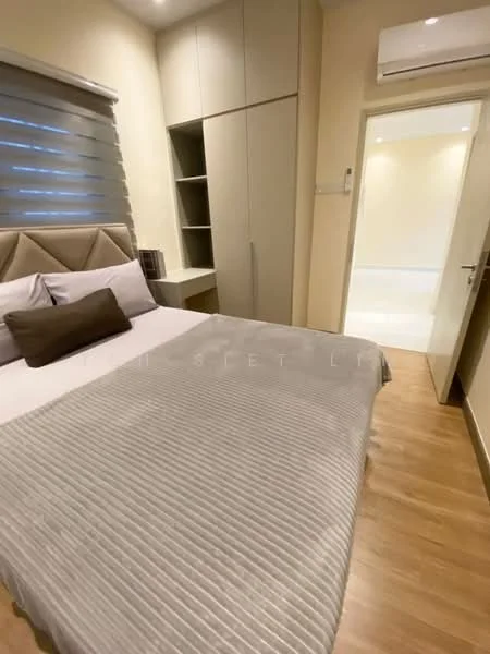 Bedroom features: queen-size bed with upholstered headboard, grey bedspread, wooden flooring, built-in wardrobe with sliding doors, wall-mounted air conditioning unit, window with roller blinds, decorative throw pillow, nightstand with lamp, neutral wall color, doorway leading to another room; style: modern.