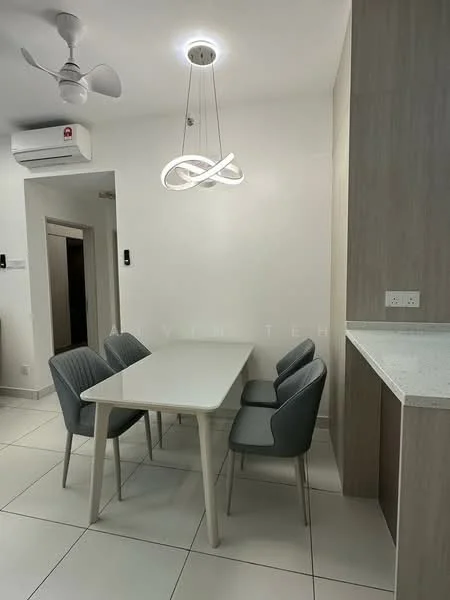 Dining features: white dining table, 4 grey upholstered dining chairs, ceiling-mounted light fixture with modern design, wall-mounted air conditioning unit, light grey wall, light wood cabinetry, white tiled flooring, open layout to adjacent room; style: modern.