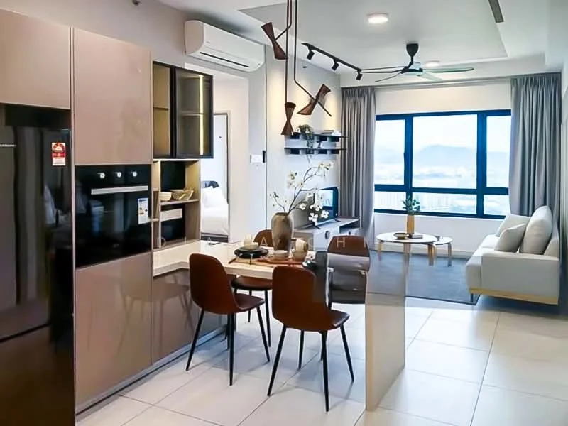 Kitchen features: stainless-steel fridge, built-in oven, 4-burner gas hob, kitchen island with seating, white cabinetry, light-colored countertop, open shelving, pendant lighting; style: modern; view: city. Living features: 3-seater fabric sofa in light grey, coffee table, TV console, wall-mounted TV, area rug, floor-to-ceiling windows, curtains, ceiling fan with light; style: modern; view: city. Dining features: round dining table, 4 upholstered dining chairs, decorative centerpiece; style: modern; view: city.