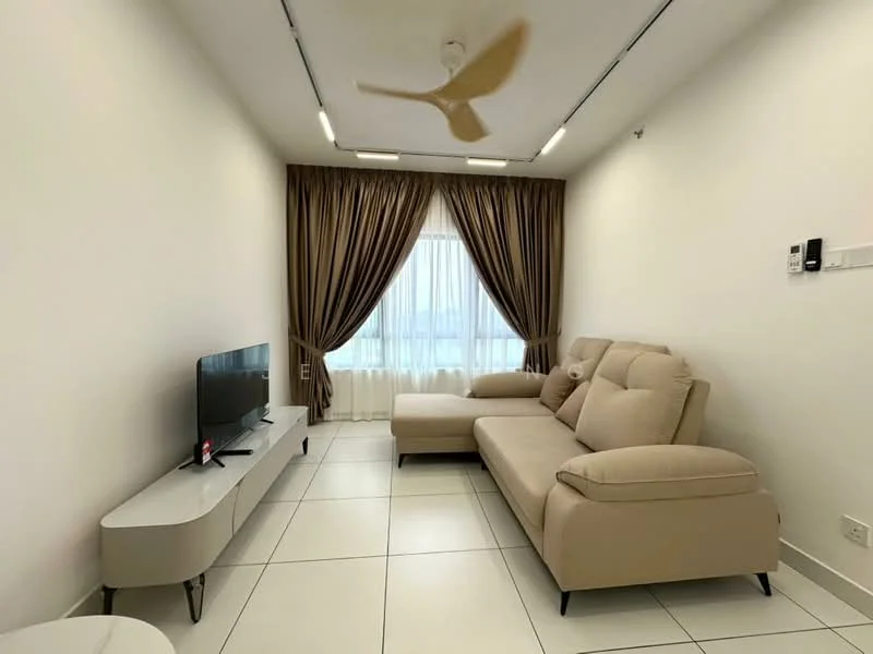 Living features: beige L-shape sectional sofa, white TV console, wall-mounted TV, floor-to-ceiling windows, sheer curtains, dark brown drapes, 5-blade ceiling fan, tile flooring, decorative wall paneling, area rug; style: modern; view: city.