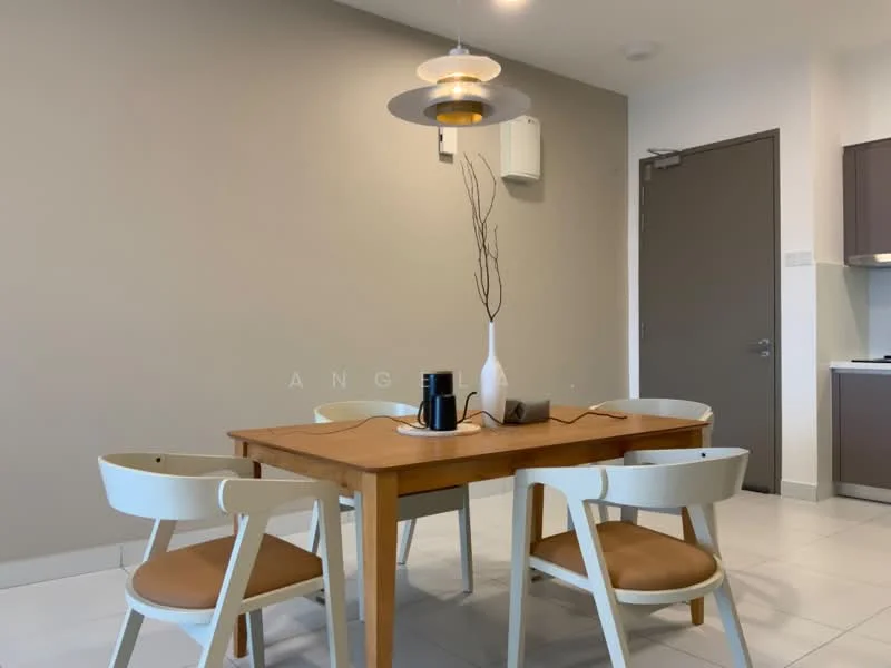 Dining features: wooden dining table, 4 white dining chairs with tan cushions, pendant light fixture, white walls, tile flooring, wall-mounted air conditioning unit, grey accent wall, decorative vase with branches; style: modern.