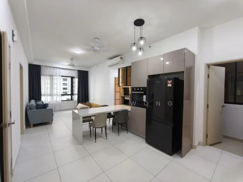 Kitchen features: white painted walls, tile flooring, ceiling with recessed downlights, kitchen island with dining table, 4 dining chairs, black refrigerator, built-in cabinets with glossy finish, stainless-steel sink, chrome pull-down faucet, open shelving, floor-to-ceiling windows with sheer curtains, 2-blade ceiling fan; style: modern. Living features: grey fabric sofa, coffee table, TV console, wall-mounted TV, area rug, floor-to-ceiling windows with sheer curtains, 2-blade ceiling fan; style: modern.