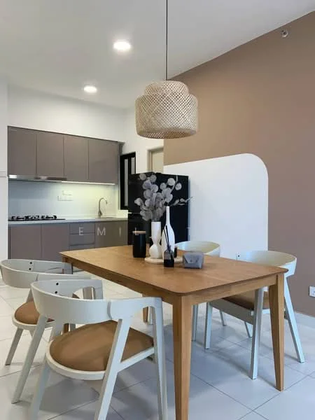 Dining features: wood dining table, 4 white dining chairs with wooden seats, pendant light fixture, decorative vase with flowers, neutral wall with accent color, white tiled flooring, open kitchen area visible in background, kitchen cabinetry in grey; style: modern. Kitchen features: grey cabinetry, stainless-steel sink, gas stove with multiple burners, white backsplash, countertop space, refrigerator visible in background; style: modern.