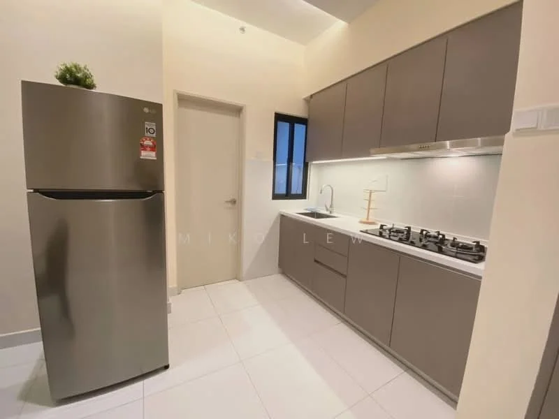 Kitchen features: grey cabinetry, white countertop, stainless-steel fridge, 4-burner gas hob, built-in oven, single-bowl stainless-steel sink, chrome pull-down faucet, white tiled backsplash, white tiled flooring, window with black frame, LED under-cabinet lighting; style: modern.
