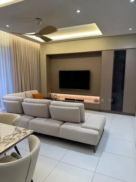 Living features: L-shape sectional sofa in light beige, wall-mounted TV, TV console with backlighting, recessed ceiling lights, ceiling fan, cream curtains, white tiled flooring, decorative wall paneling; style: modern.