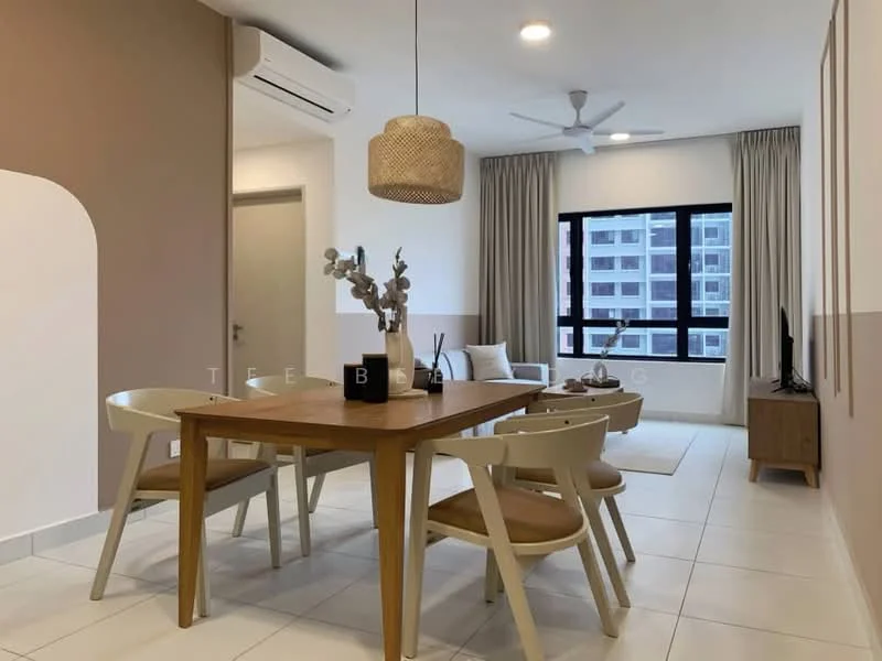 Dining features: wooden dining table, 4 dining chairs, pendant light fixture, wall-mounted TV, floor-to-ceiling windows, curtains, air conditioning unit, light-colored tiled flooring, decorative vase with branches, area rug, neutral wall colors; style: modern.