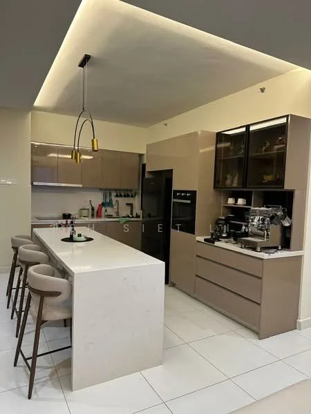 Kitchen features: light beige cabinetry, white quartz countertop, stainless-steel built-in oven, stainless-steel refrigerator, espresso machine, kitchen island with seating for 4, pendant lighting with gold accents, white tiled flooring, recessed ceiling lights, black glass cabinet doors, sink with chrome faucet, coffee machine; style: modern.