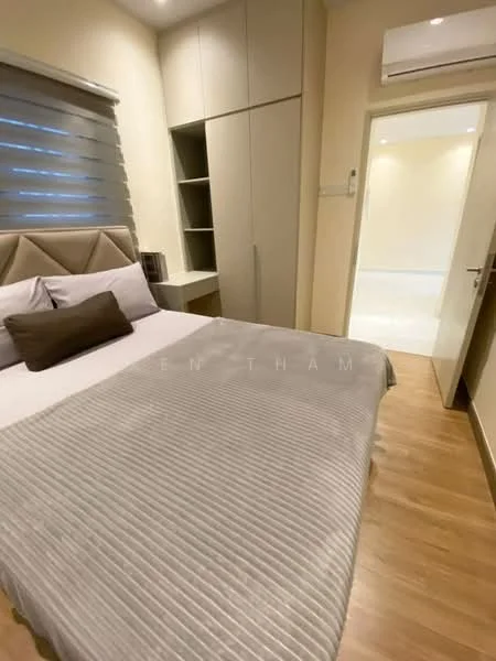 Bedroom features: queen-size bed with upholstered headboard, grey bedspread, wooden flooring, built-in wardrobe with sliding doors, wall-mounted air conditioning unit, window with roller blinds, nightstand with decorative items, soft lighting from ceiling fixtures; style: modern. Room features: door leading to another room, light-colored walls, neutral decor.