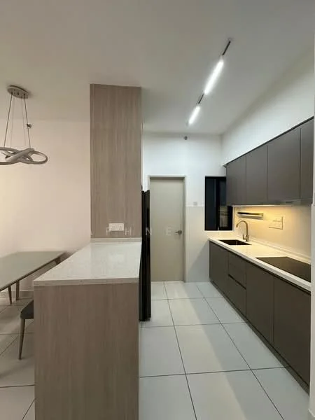 Kitchen features: L-shaped kitchen layout, dark wood cabinetry, white quartz countertop, single-bowl stainless-steel sink, chrome pull-down faucet, built-in oven, stainless-steel fridge, recessed LED downlights, tile flooring, wall-mounted cabinets, window above sink, open shelving, breakfast bar, pendant light fixture; style: modern.