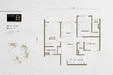 Floor plan: 3-bedroom 2-bathroom unit; features: open-plan kitchen-dining-living, master bedroom with ensuite bathroom, bedroom 2 with shared bathroom, utility room, balcony off living room, central foyer, 1 car porch.