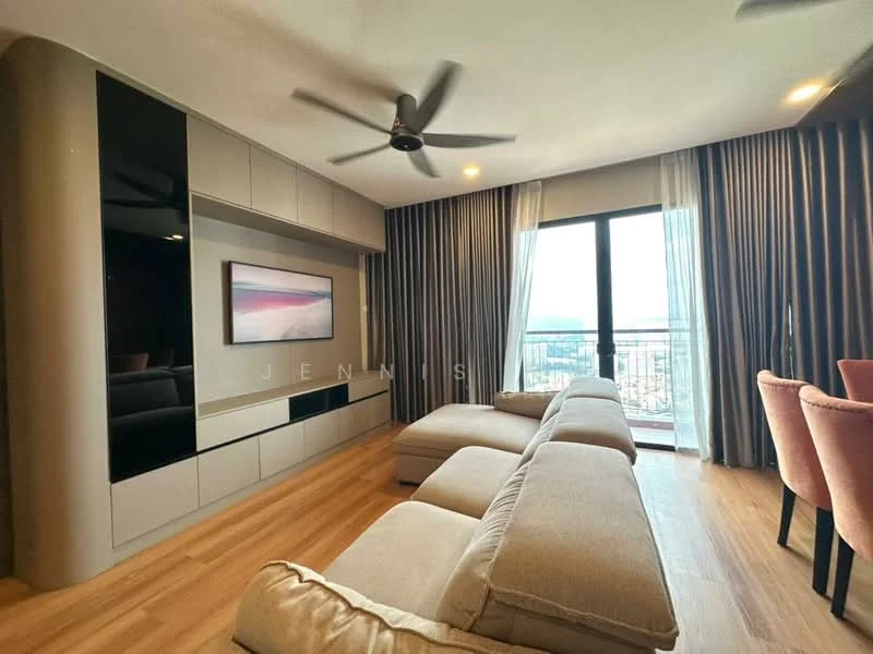 Living features: 3-seater fabric sofa in beige, wall-mounted TV, entertainment unit with storage, ceiling fan, floor-to-ceiling windows, curtains, wooden flooring, decorative wall paneling; style: modern; view: city.
