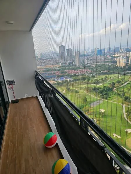 Balcony features: wooden flooring, glass railing, city skyline view, greenery view, two colorful beach balls, outdoor seating area, overhead ceiling light; style: modern; view: city.