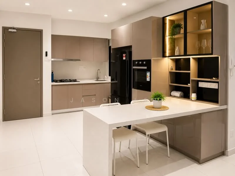 Kitchen features: white quartz countertop, beige cabinetry, built-in oven, stainless-steel gas hob, extraction hood, microwave, double-bowl stainless-steel sink, chrome pull-down faucet, white tile backsplash, recessed downlights, open shelving, two white dining chairs, island with seating, white ceramic floor tiles; style: modern.