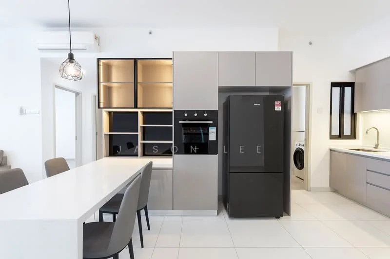 Kitchen features: white cabinetry with flat-panel design, black built-in oven, black refrigerator, white quartz countertop, single-bowl stainless-steel sink, chrome pull-down faucet, pendant light fixture, tile flooring, open shelving, integrated washing machine, dining table with white surface, upholstered dining chairs in grey; style: modern.