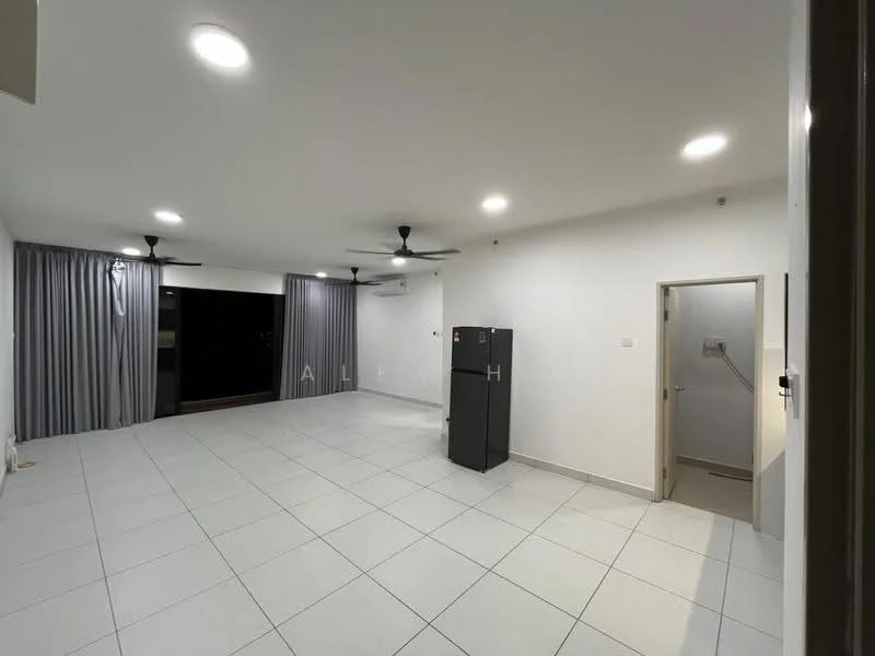 Living features: white painted walls, tile flooring, recessed LED downlights, 2 ceiling fans, floor-to-ceiling windows, grey curtains, stainless-steel fridge, open layout, door leading to utility area; style: modern. Utility features: white painted walls, tile flooring, door leading to living area, plumbing fixtures visible.