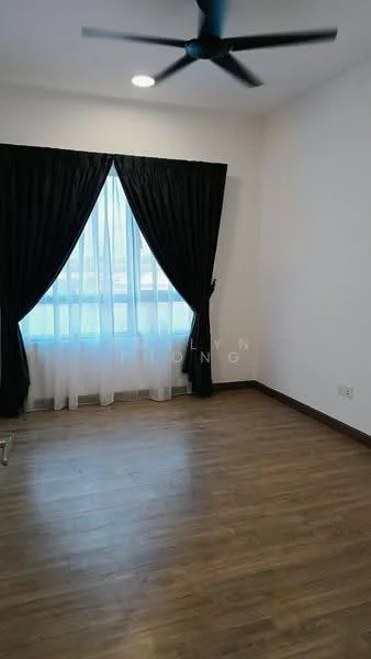 Room features: wooden flooring, white painted walls, black curtains, sheer curtains, ceiling fan, large window, natural light; style: modern.