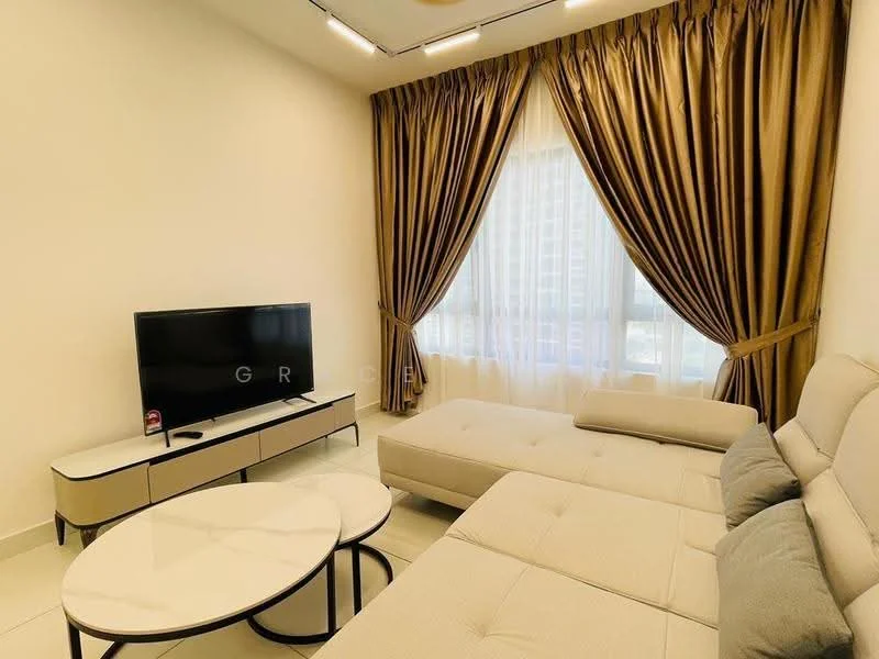 Living features: beige L-shape sectional sofa, white marble coffee table, black TV console, wall-mounted TV, floor-to-ceiling windows, sheer curtains, heavy drapes in gold, recessed downlights, light-colored walls, tile flooring; style: modern; view: city.