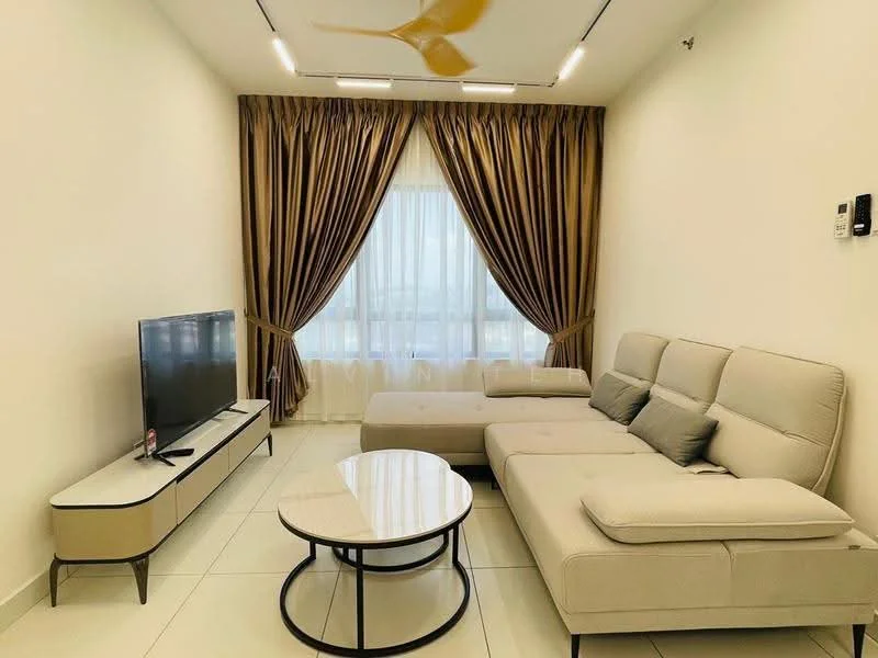Living features: beige L-shape sectional sofa, coffee table with round top and black base, wall-mounted TV, floor-to-ceiling windows, sheer curtains, brown drapes, recessed downlights, 5-blade ceiling fan with light, white painted walls, tile flooring; style: modern.