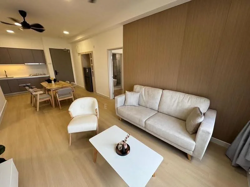 Living features: 3-seater fabric sofa in cream, wooden coffee table, single accent chair in white, light wood flooring, wall-mounted TV, recessed downlights, ceiling fan, decorative wall with wood paneling, large window with sheer curtains; style: modern. Kitchen features: kitchen island with seating, grey cabinetry, built-in oven, stainless-steel fridge, 4-burner gas hob, white countertop, tile backsplash, recessed lighting; style: modern.