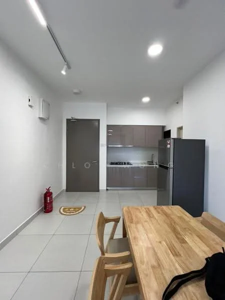 Kitchen features: grey cabinetry, stainless-steel fridge, built-in gas stove, white tiled backsplash, grey countertops, single-bowl stainless-steel sink, wooden dining table, 4 wooden chairs, white walls, recessed LED downlights, floor tiles, fire extinguisher, wall-mounted split AC; style: modern.