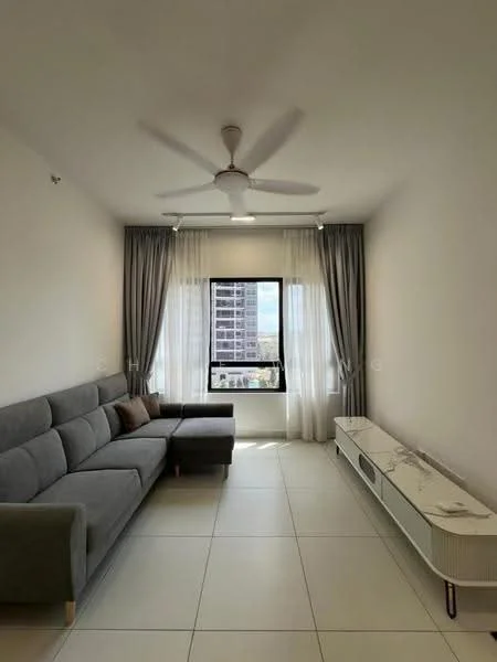 Living features: 3-seater fabric sofa in grey, L-shape sectional, coffee table, TV console, wall-mounted TV, area rug, 5-blade ceiling fan, floor-to-ceiling windows, sheer curtains, grey curtains, white walls, tile flooring; style: modern; view: city.