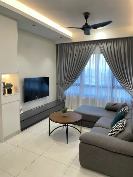 Living features: grey L-shape sectional sofa, round wooden coffee table, wall-mounted TV, TV console in grey, floor-to-ceiling windows, sheer curtains, recessed downlights, ceiling fan, decorative plant on coffee table, light-coloured walls, tile flooring; style: modern; view: city.