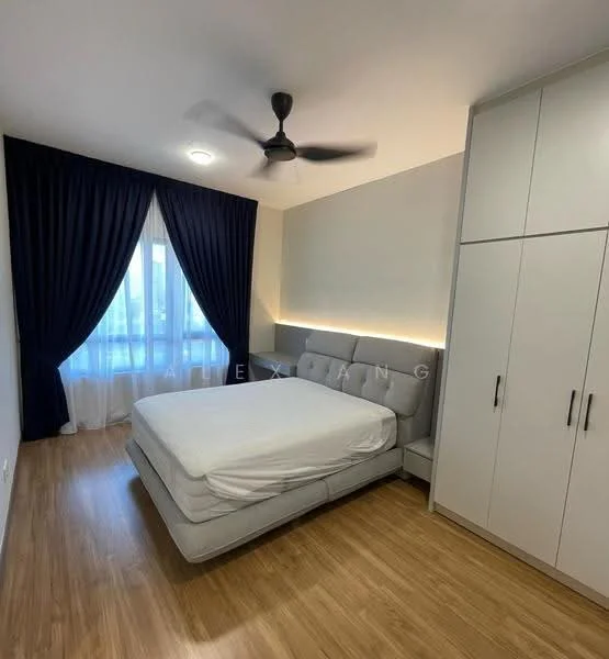 Bedroom features: queen-size bed, upholstered headboard, built-in wardrobe with sliding doors, wooden flooring, ceiling fan with light, floor-to-ceiling window, blackout curtains, wall-mounted LED lighting; style: modern.