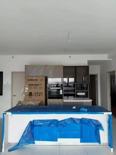 Kitchen features: white cabinetry, black countertops, island with seating, stainless-steel appliances, built-in oven, microwave, refrigerator, pendant lighting, tile flooring, open layout, blue protective covering on surfaces; style: modern.