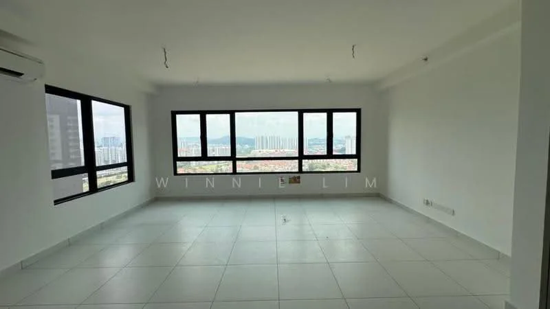 Living features: white painted walls, tile flooring, floor-to-ceiling windows, city view, recessed downlights, 1 wall-mounted split AC, open layout, neutral color scheme; style: modern; view: city.