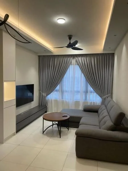 Living features: grey fabric sectional sofa, round wooden coffee table, wall-mounted TV, TV console, floor-to-ceiling windows, sheer curtains, recessed LED downlights, ceiling fan, white painted walls, light-colored tiled flooring, decorative wall paneling; style: modern.