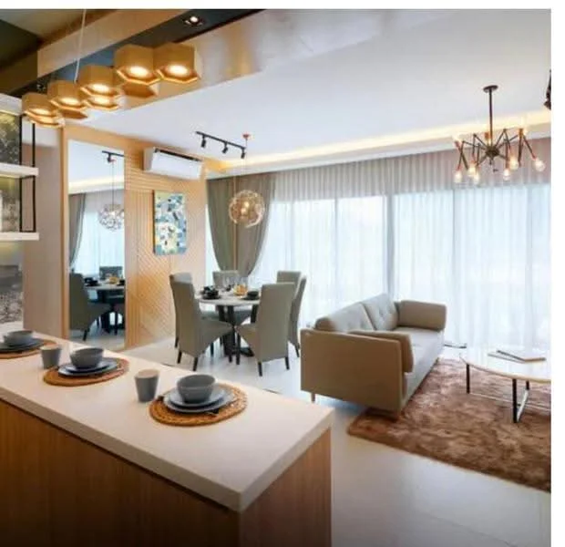 Living features: 3-seater fabric sofa in light grey, coffee table, area rug with geometric pattern, floor-to-ceiling windows with sheer curtains, chandelier with multiple bulbs, recessed downlights, wall-mounted split AC, decorative wall art, wooden accent wall, open-plan layout with dining area visible; style: modern; view: city. Dining features: 6-seater dining table, upholstered dining chairs, decorative centerpiece, wall-mounted artwork, ambient lighting, open layout connecting to living area; style: modern; view: city.