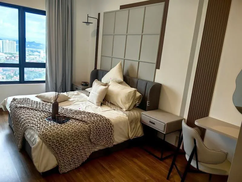 Bedroom features: king-size bed with upholstered headboard, white bedding with decorative throw, wooden flooring, floor-to-ceiling window with city view, curtains, nightstand with drawer, table lamp, study desk, upholstered chair, wall-mounted light fixture, decorative wall paneling, mirror on wall; style: modern; view: city.