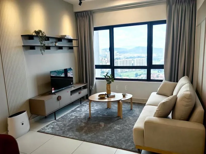 Living features: 3-seater fabric sofa in cream, coffee table with wooden legs, area rug with grey pattern, wall-mounted TV, TV console with drawers, floor-to-ceiling windows, curtains in light grey, decorative plant on shelf, shelving unit on wall, neutral painted walls, tile flooring; style: modern; view: city.