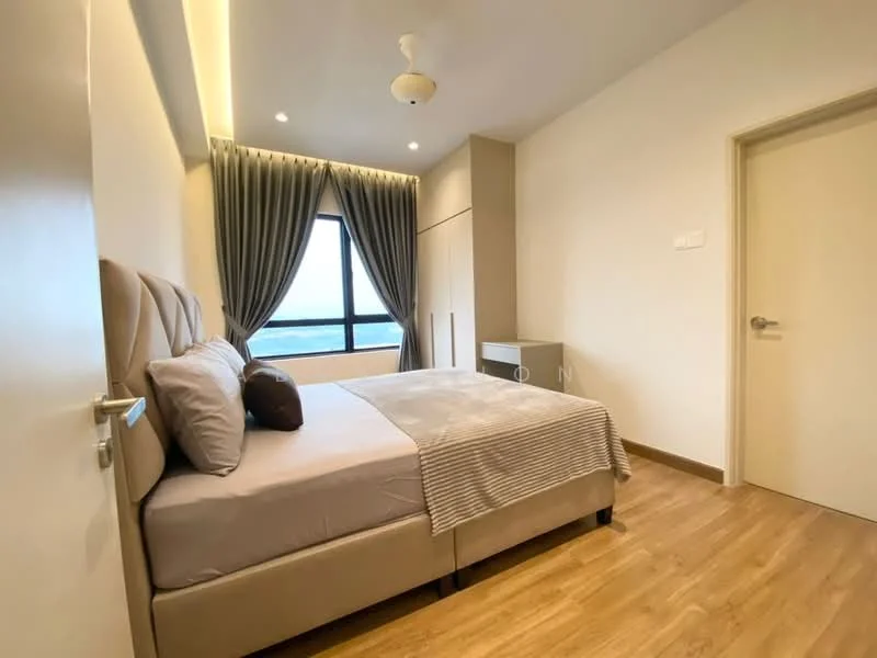 Bedroom features: king-size bed with upholstered headboard, grey bedding, wooden flooring, floor-to-ceiling window, curtains in grey, recessed downlights, ceiling fan, built-in wardrobe, nightstand, decorative pillow; style: modern; view: city.