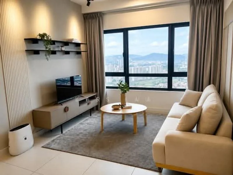 Living features: 3-seater fabric sofa in white, coffee table with wooden legs, TV console in light wood, wall-mounted TV, area rug in grey, floor-to-ceiling windows, curtains in light grey, decorative plant on shelf, shelf unit on wall, neutral painted walls, tile flooring; style: modern; view: city.