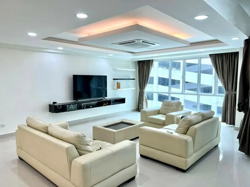 Living features: white painted walls, glossy tile flooring, tray ceiling with recessed lighting, 5-blade ceiling fan with integrated LED light, floor-to-ceiling windows, sheer curtains, black TV console, wall-mounted TV, light-colored leather sofas, coffee table, decorative shelving unit; style: modern.