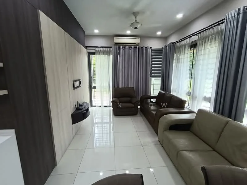 Living features: cream leather sofa, 3-seater fabric sofa in beige, coffee table, wall-mounted TV, TV console, floor-to-ceiling windows, sheer curtains, blackout curtains, ceiling fan, recessed downlights, white tiled flooring, feature wall with wood paneling, air conditioning unit; style: modern; view: garden.