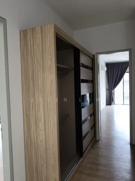 Room features: built-in wardrobe with wood finish, sliding doors, light wood paneling, laminate flooring, wall-mounted air conditioning unit, large window with natural light, neutral wall color; style: modern.