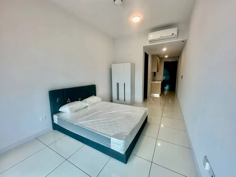 Bedroom features: queen-size bed, upholstered headboard, white bedding, white walls, tile flooring, 1 wall-mounted split AC, built-in wardrobe, recessed ceiling lights; style: modern.