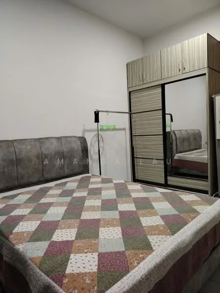 Bedroom features: queen-size bed with patterned quilt, upholstered headboard, built-in wardrobe with sliding mirror doors, wooden cabinetry, white painted walls, flooring not visible, desk lamp, bedside table, decorative wall art; style: modern.