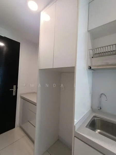 Kitchen features: white cabinetry, stainless-steel sink, chrome faucet, countertop with backsplash, built-in storage cabinets, drawer storage, tile flooring, wall-mounted dish rack, light fixtures, black door; style: modern.