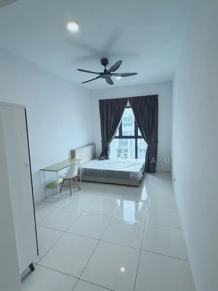 Bedroom features: white painted walls, polished ceramic tile flooring, 5-blade ceiling fan with light, floor-to-ceiling window, blackout curtains, single bed frame, study desk, white chair, built-in wardrobe; style: modern; view: city.