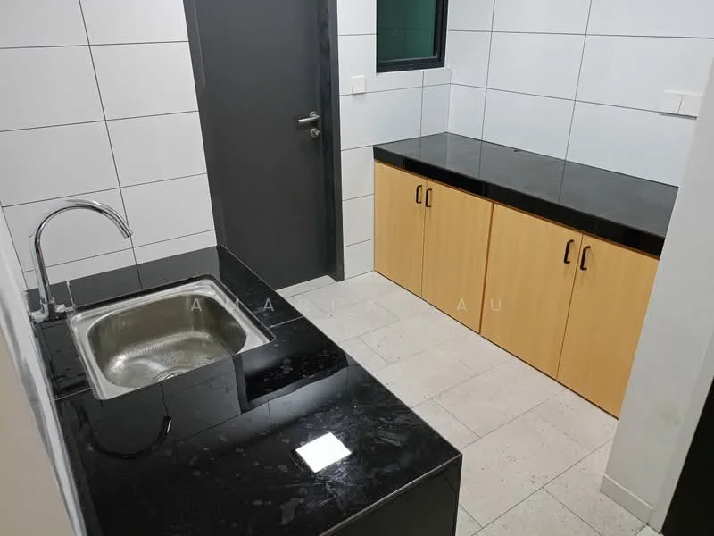 Laundry features: single-bowl stainless-steel sink, chrome pull-down faucet, black granite countertop, light wood cabinetry, grey tiled walls, white tiled flooring, black cabinet handles, window for natural light; style: modern.