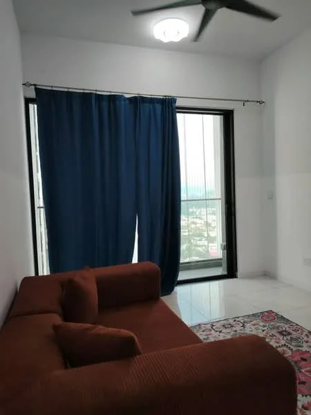 Living features: 3-seater fabric sofa in brown, floor-to-ceiling windows, blue curtains, white painted walls, polished tile flooring, ceiling fan, decorative area rug with floral pattern, city view; style: modern; view: city.